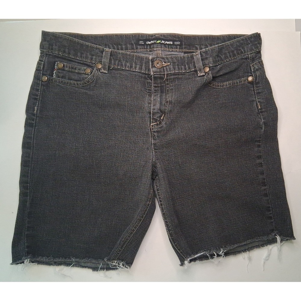 DKNY Jeans Women Black Denim Shorts Raw Hem Size 14 Stretch Cotton